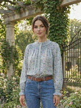 Soft Blue Botanical Smocked Blouse!